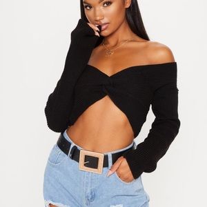 Black knit twist crop long sleeve t…